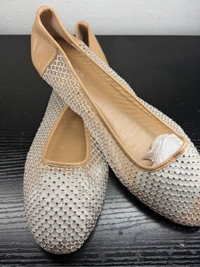 Women's Beige Mesh Ballet Flats with Rhinestone Accent